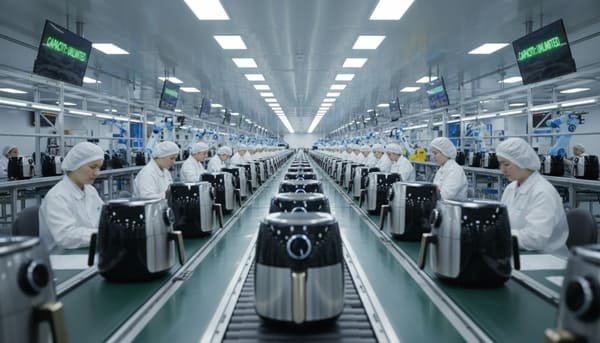 An air fryer assembly line in a factory, showing workers and machines.