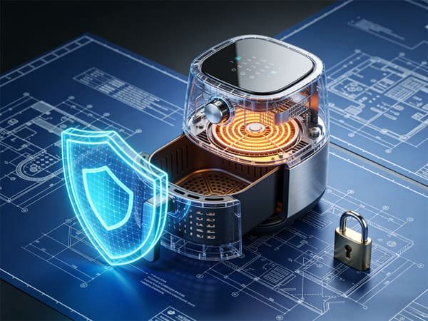 A lock and key symbolizing intellectual property protection for an air fryer design.