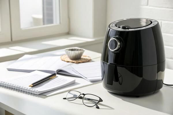A stack of organized documents next to a modern air fryer on a desk.