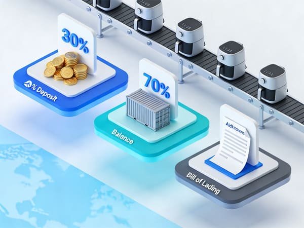 A chart showing common payment term percentages for air fryer imports from China.