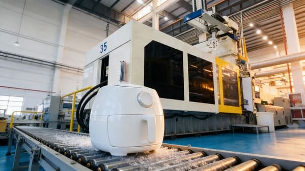 A large injection molding machine producing plastic housings for air fryers.