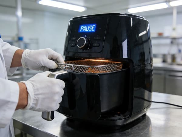 A close-up of a technician testing the temperature accuracy of an air fryer with a digital thermometer