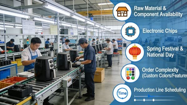 A factory production line for air fryers that has been temporarily halted.