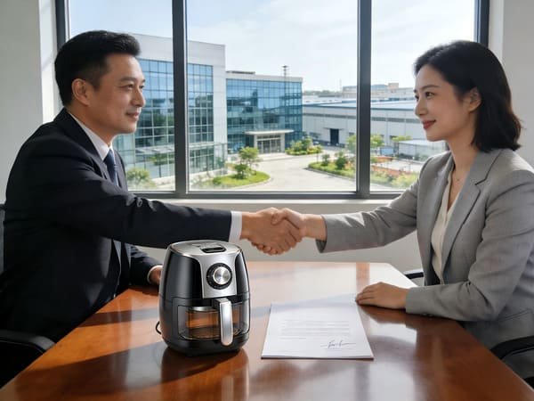 A quality inspector checking an air fryer on a production line.