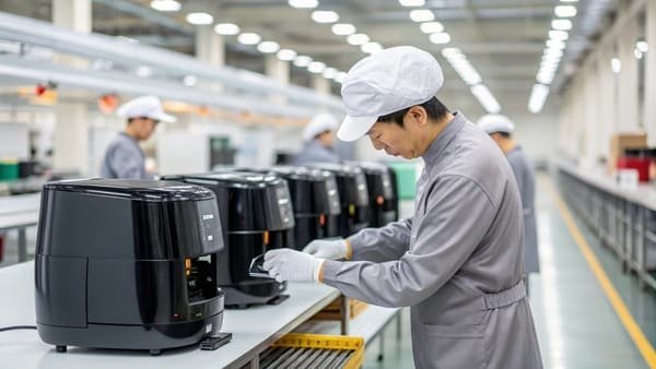 A quality control inspector examining an air fryer on a production line.