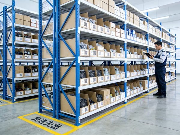 A warehouse showing stacks of raw materials for air fryer manufacturing.