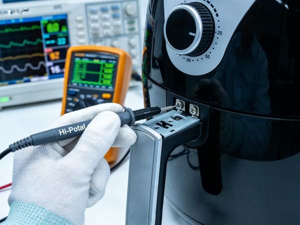 A person meticulously inspecting an air fryer sample on a workbench.