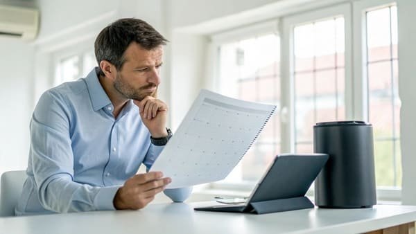 A procurement manager reviewing a calendar next to a shipment of air fryers.