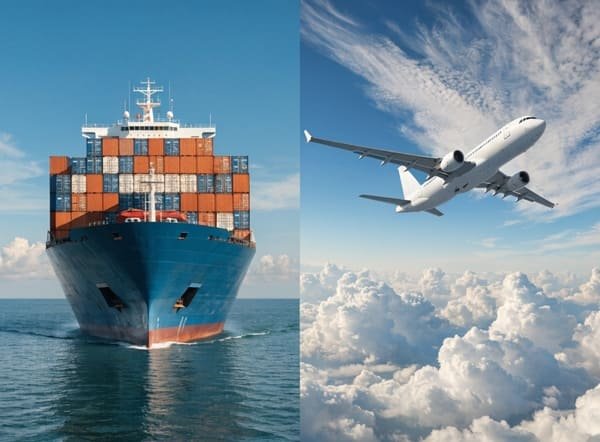 A cargo ship and an airplane representing different shipping methods for air fryers