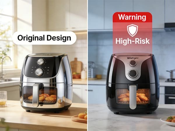 A visual showing a 'safe' generic air fryer next to a 'risky' lookalike air fryer with a warning sign over it.