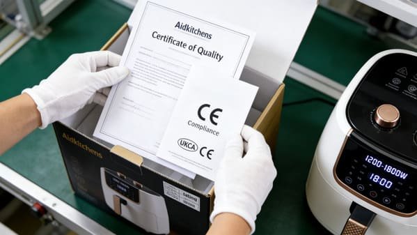 A quality control inspector examining an air fryer and its compliance documentation in a factory setting.