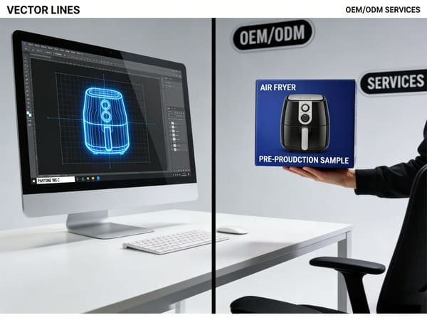 A designer and a factory manager reviewing a packaging specification sheet together.