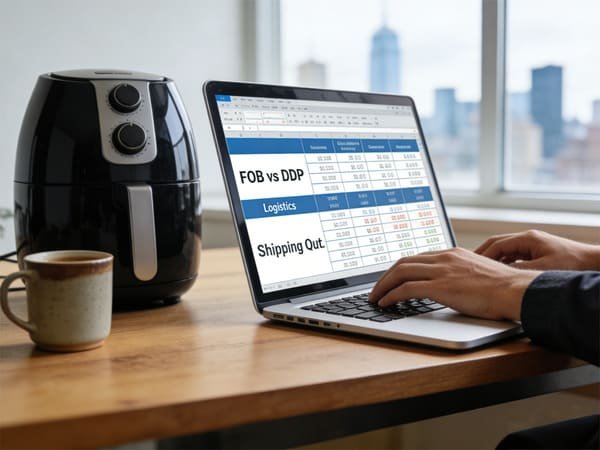 A person comparing shipping quotes on a laptop for air fryer logistics