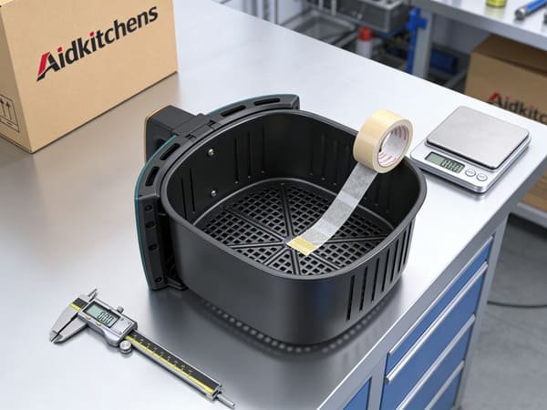 An engineer using testing equipment on an air fryer's internal components.