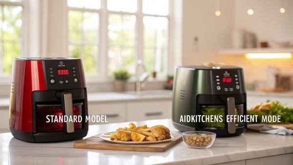 Two different air fryers side-by-side with their energy specification labels highlighted.