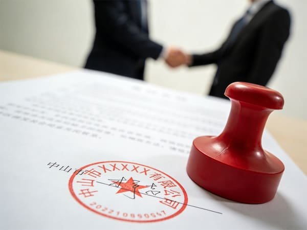Two business people shaking hands in front of Chinese and international flags, symbolizing a legally binding agreement.