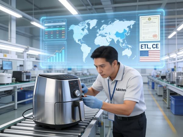 An inspector reviewing air fryer production line in a Chinese factory