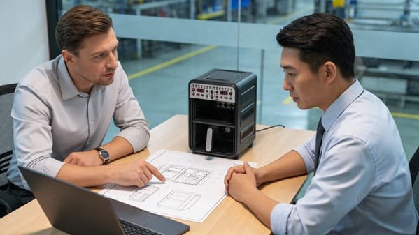 A procurement manager on a video call with a Chinese supplier, discussing product features.