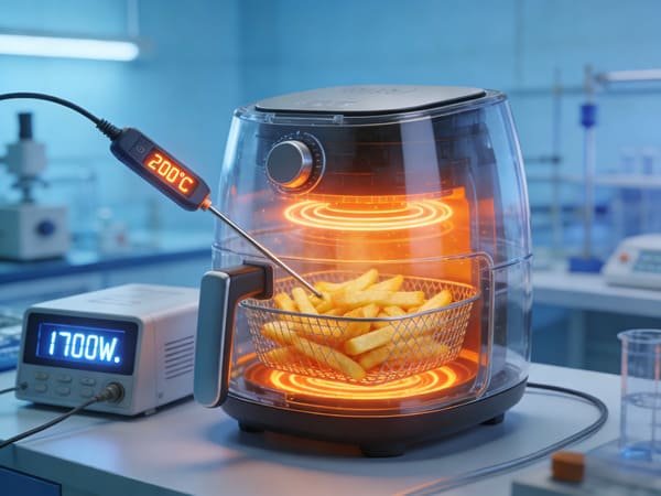 A logistics worker scanning a package with an air fryer for express international shipping