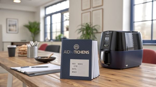 An image showing various quality certification logos like ISO 9001, CE, ETL, and BSCI.