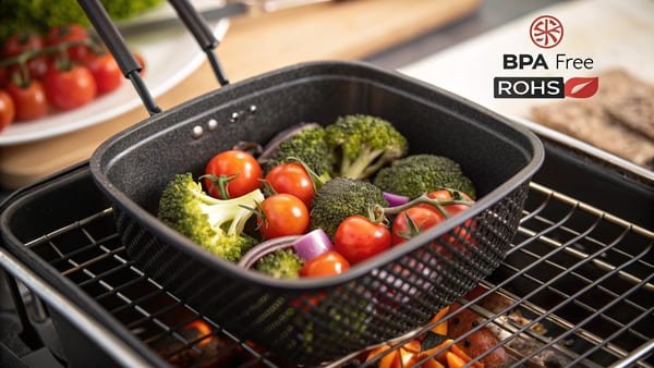 A close-up of an air fryer basket with food, highlighting the non-stick coating and food-contact materials.