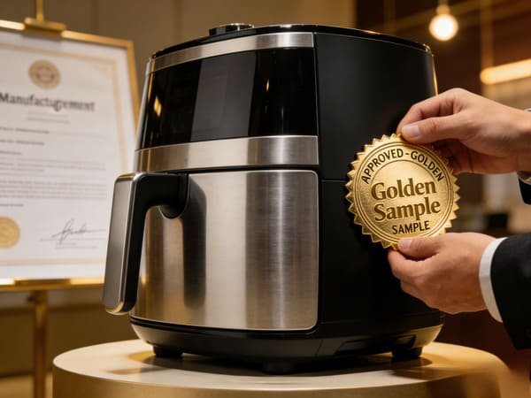 A person pointing out a scratch on an air fryer sample while on a video call with the supplier
