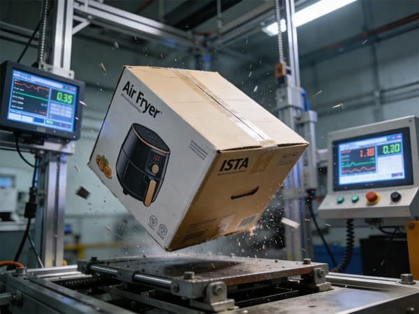 Packaging boxes undergoing a drop test in a testing facility.