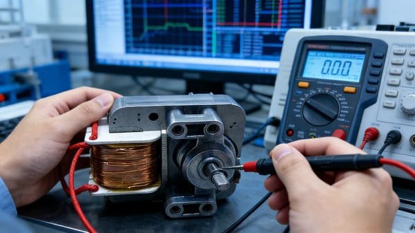 An inspector reviewing a quality control checklist on a clipboard next to a conveyor belt with air fryers.