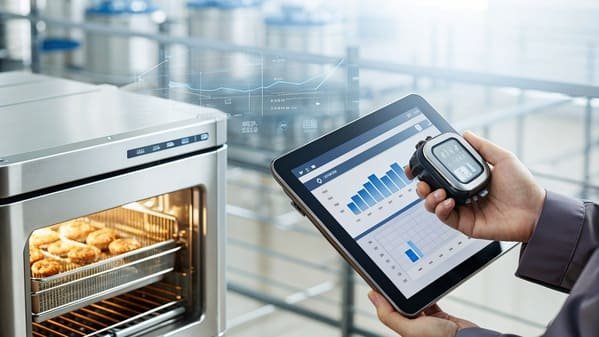 An engineer using a stopwatch to measure the cycle time on an air fryer production line.