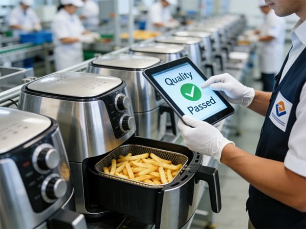 Two people negotiating over a table with documents and a sample air fryer.