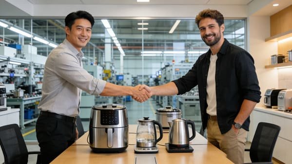 Two business people shaking hands across a table with an air fryer prototype on it.