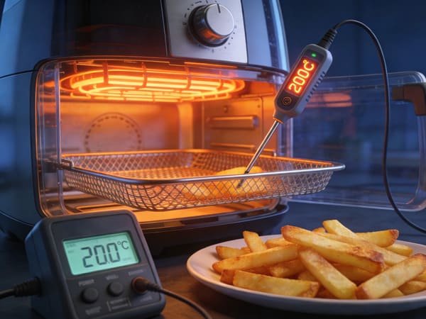 A person performing a tape test on an air fryer basket, with a smartphone recording the process.