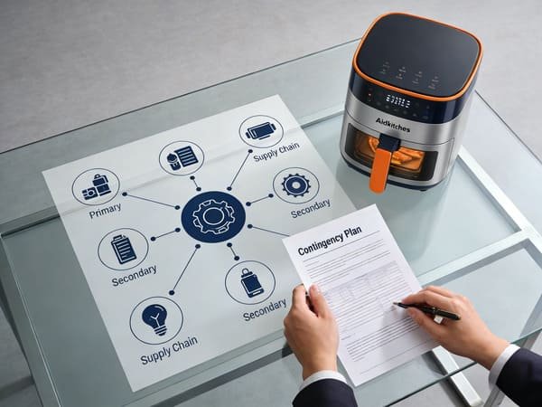 An organized warehouse with shelves of components for air fryer assembly.
