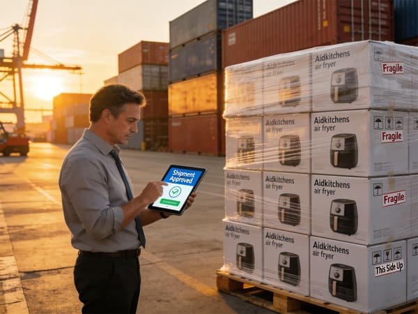 A person holding a physical pre-production sample of an air fryer box, comparing it to a digital design on a screen.