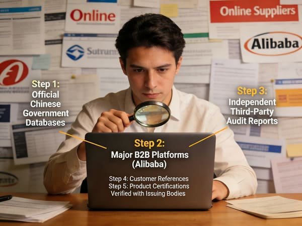 Researching Chinese air fryer supplier reputation on a laptop