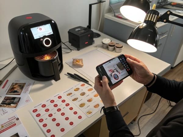 A desk with an open laptop, a detailed checklist, photos of a product defect, and a caliper.