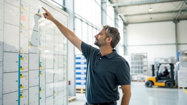 A large, well-organized warehouse with tall shelves filled with raw materials and finished goods.