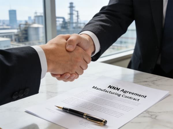 An image of two hands signing a contract, with Chinese and English text visible on the document.
