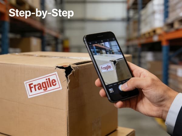 A person taking photos of a damaged shipping box and a broken air fryer.