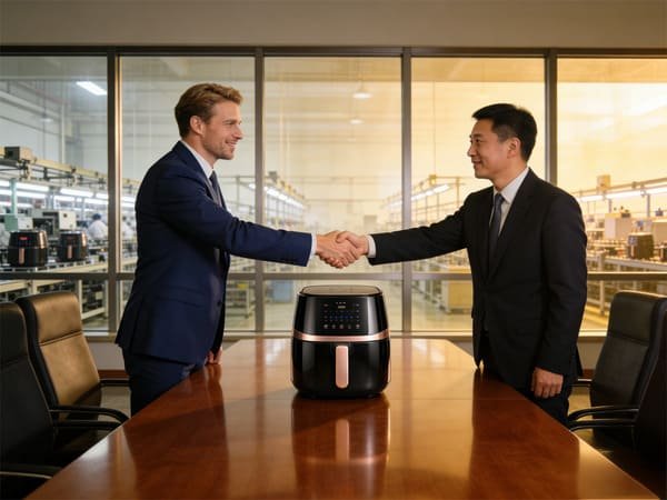 A business person shaking hands with a factory manager in front of an air fryer production line.
