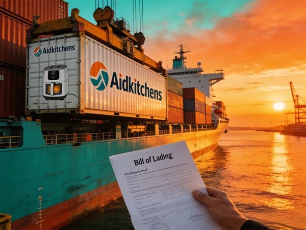 A final image of a container being loaded with boxes of air fryers at a Chinese factory.