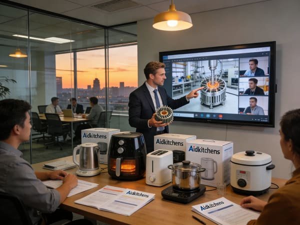 A person on a video call with a supplier, pointing to a specific part of a product on their desk.