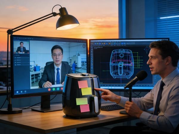 A procurement manager on a video call with a supplier, pointing to specific parts of an air fryer sample.