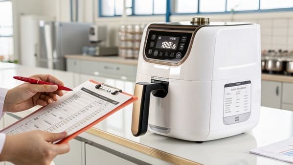 A close-up of an air fryer basket undergoing a quality inspection, with a person pointing out a detail.