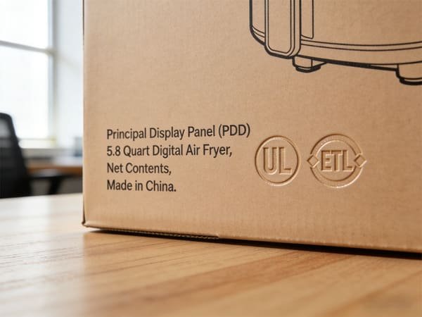 A close-up of a compliant packaging label showing product information and safety marks.