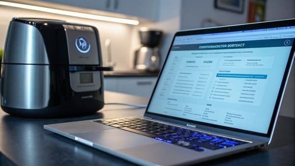 A person using a laptop to check an online certification database, with a certificate document visible on the screen.