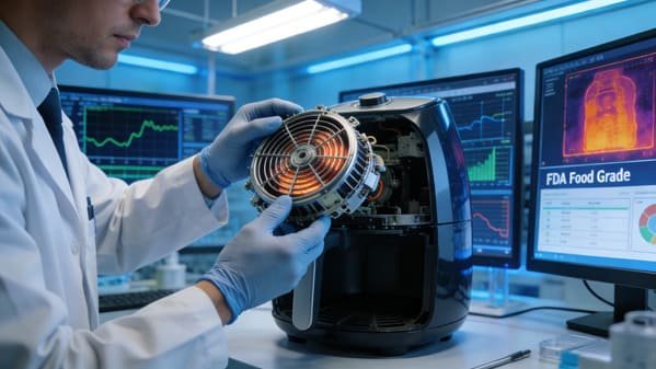 An inspector reviewing a compliance certificate for an air fryer.