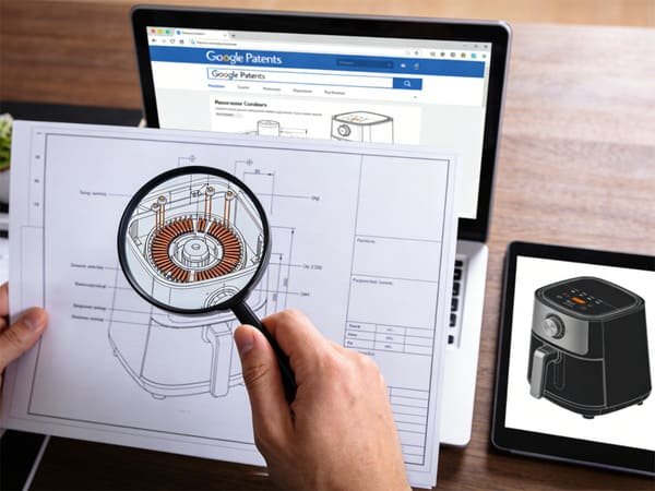 An illustration of a person inspecting an air fryer with a magnifying glass while looking at a patent document.