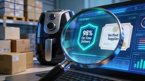 A magnifying glass hovering over an on-time delivery score on a supplier's Alibaba profile page.