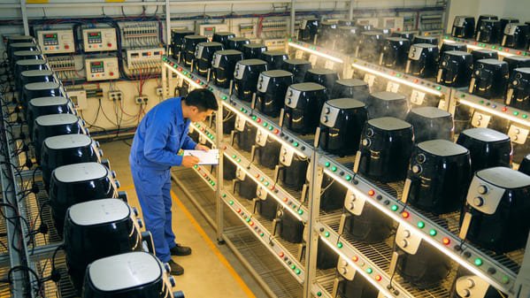 A factory manager pointing to a detailed production schedule on a large whiteboard.